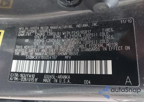 2011 Toyota Highlander Base V6 from USA, damaged, VIN 5TDBK3EH1BS054197